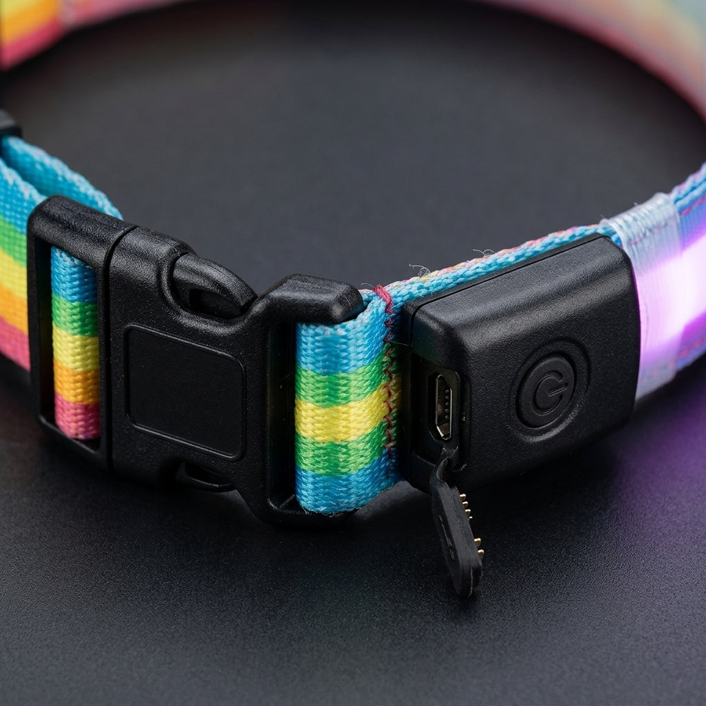 LED Dog Collar for Night Walking - Buckle & USB Port Detail