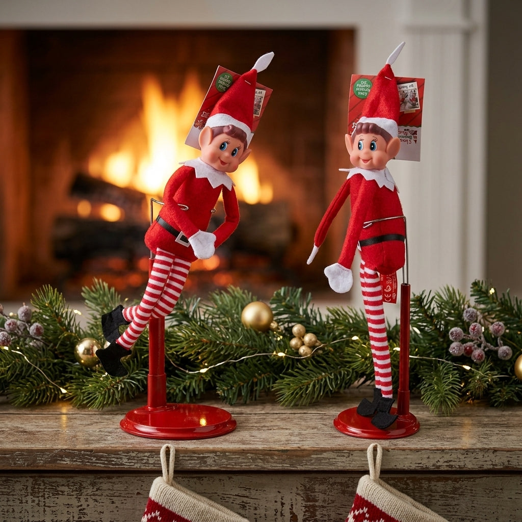 Elves Behaving Badly display stands on Christmas fireplace mantel