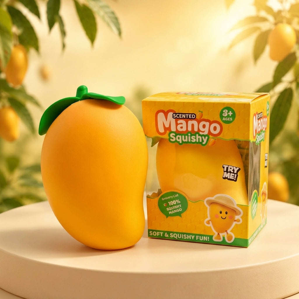 Jumbo Mango Squishy toy with packaging box