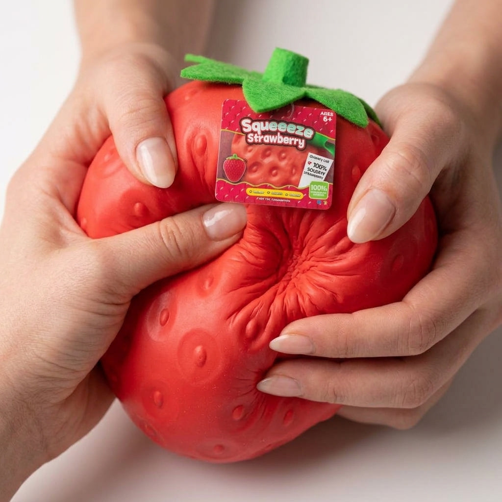 Jumbo Strawberry Squishy being squeezed slow rise texture