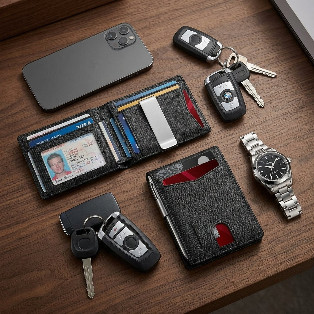 Men's Leather RFID Blocking Bifold Wallet - EDC Lifestyle Desk Flatlay