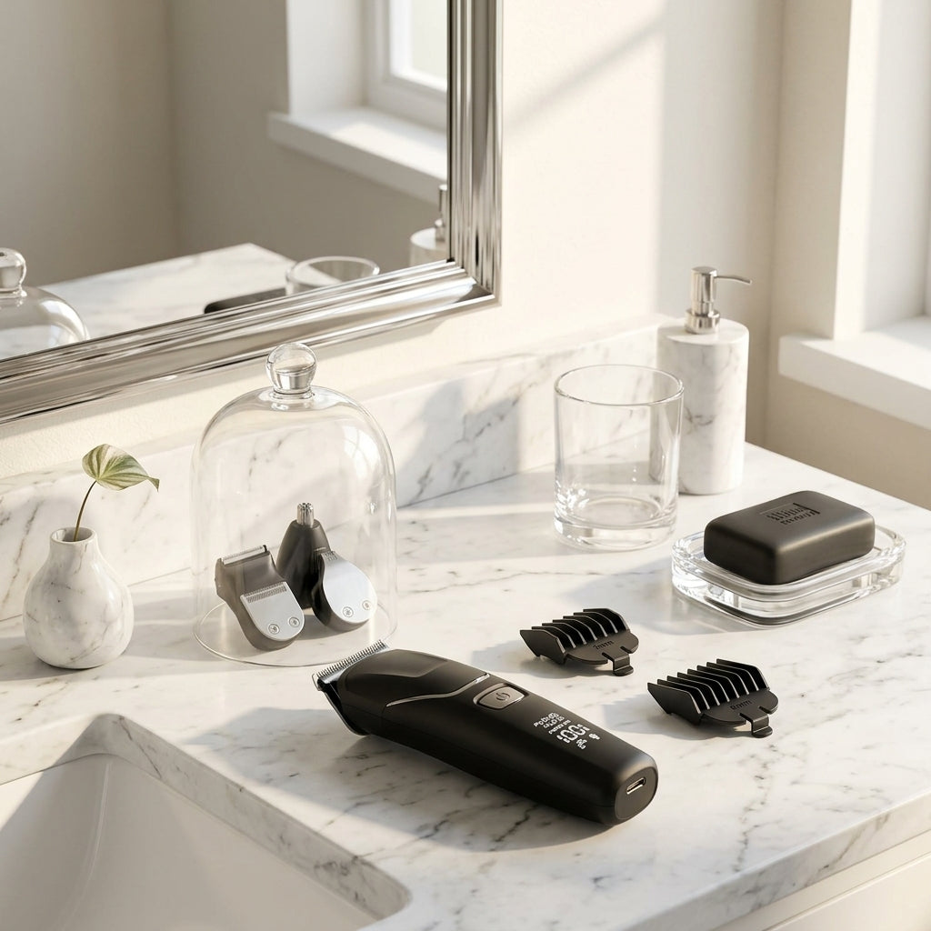 Cordless Men's Shaver Kit on Bathroom Vanity