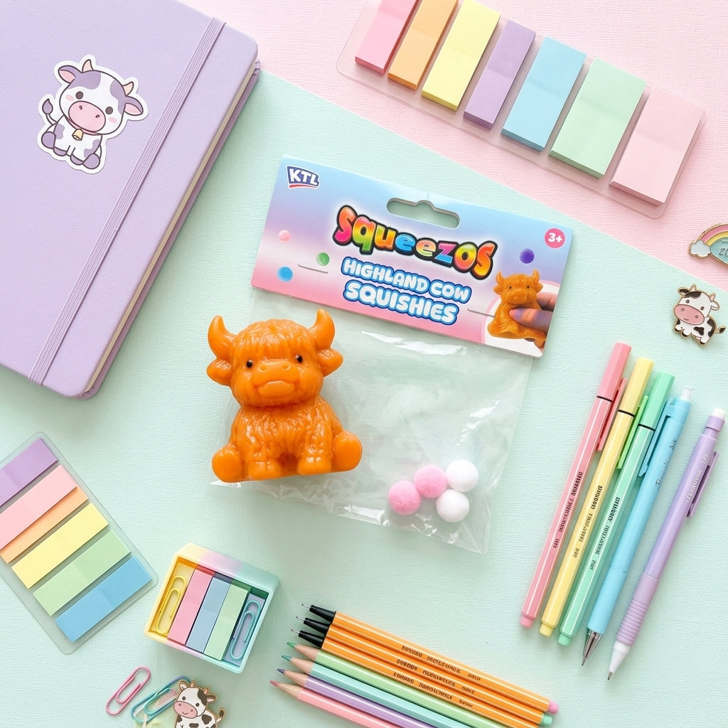 Highland Cow Squishy gift and desk flat lay