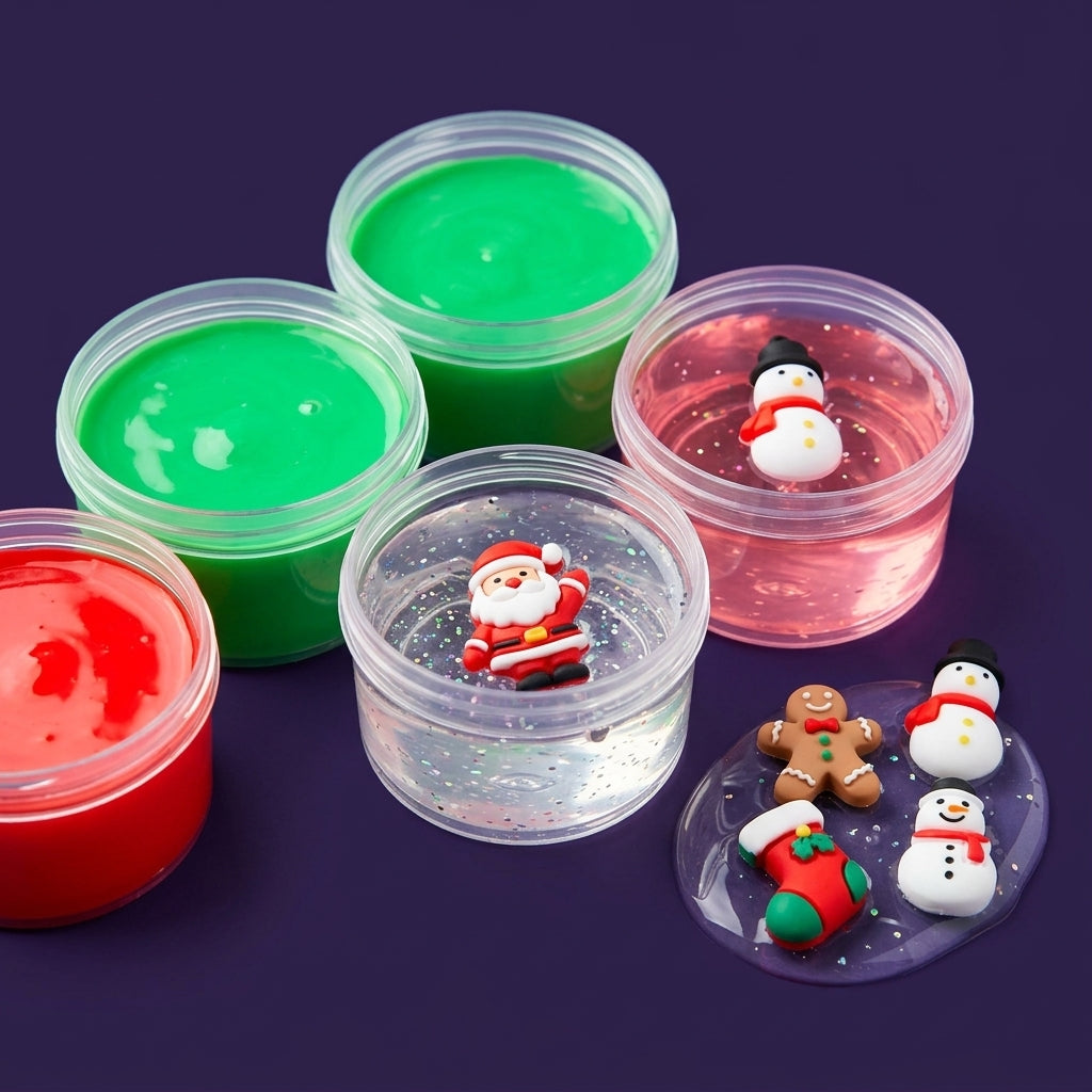Slime Advent Calendar close-up of glossy slime and holiday mini figurines