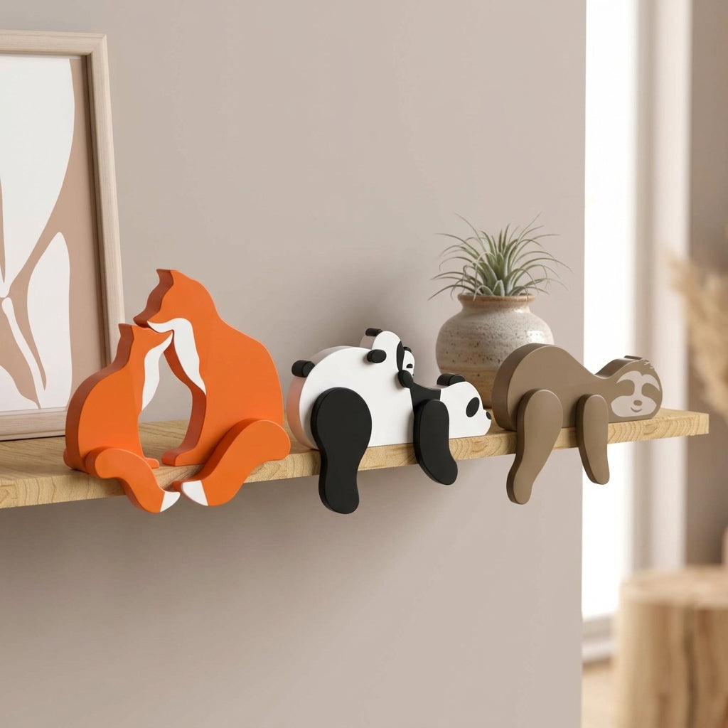 Wooden Animal Shelf Sitters Trio Display on Floating Shelf
