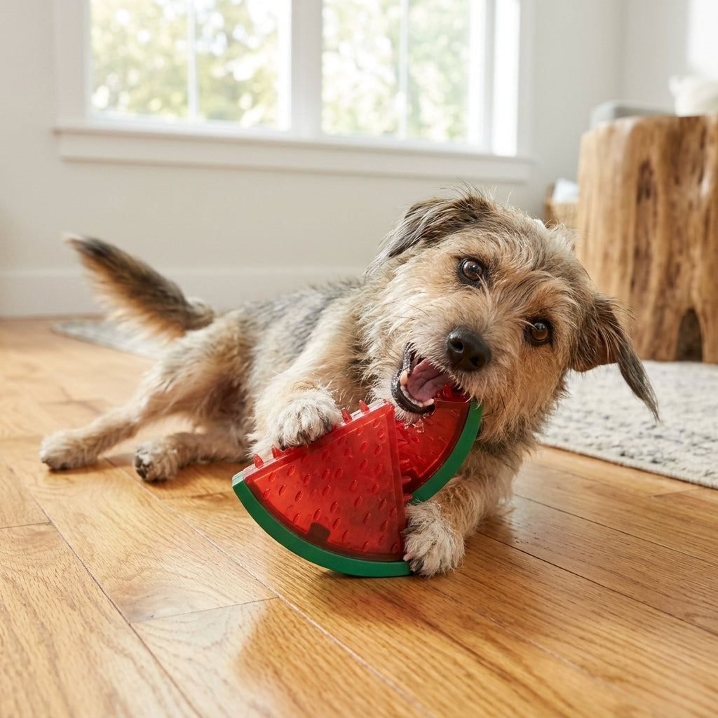 Dog playing indoors with Watermelon Pet Chew Toy