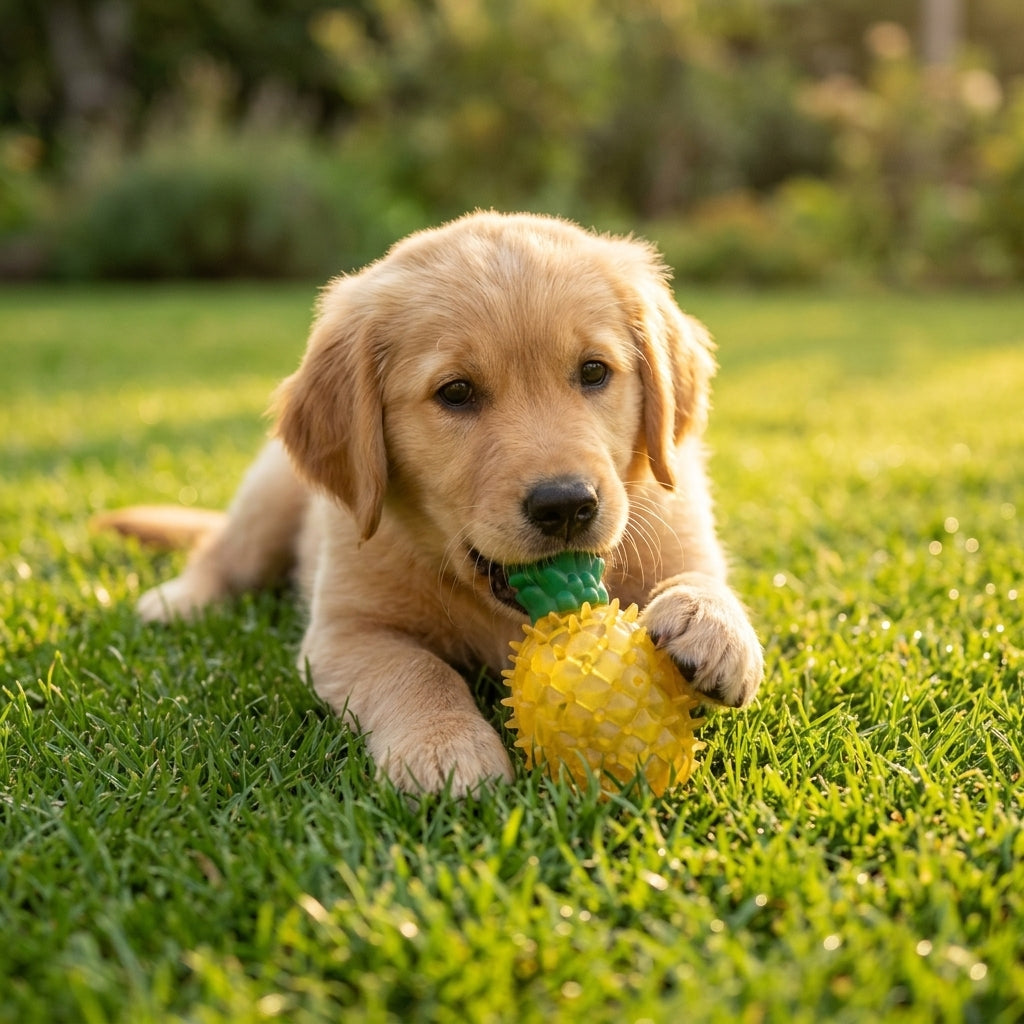 Puppy chewing on Pineapple Pet Toy outdoors