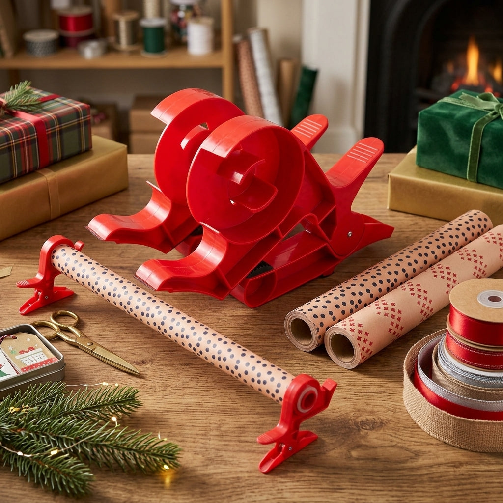 Tabletop wrapping paper cutter set on holiday gift craft station