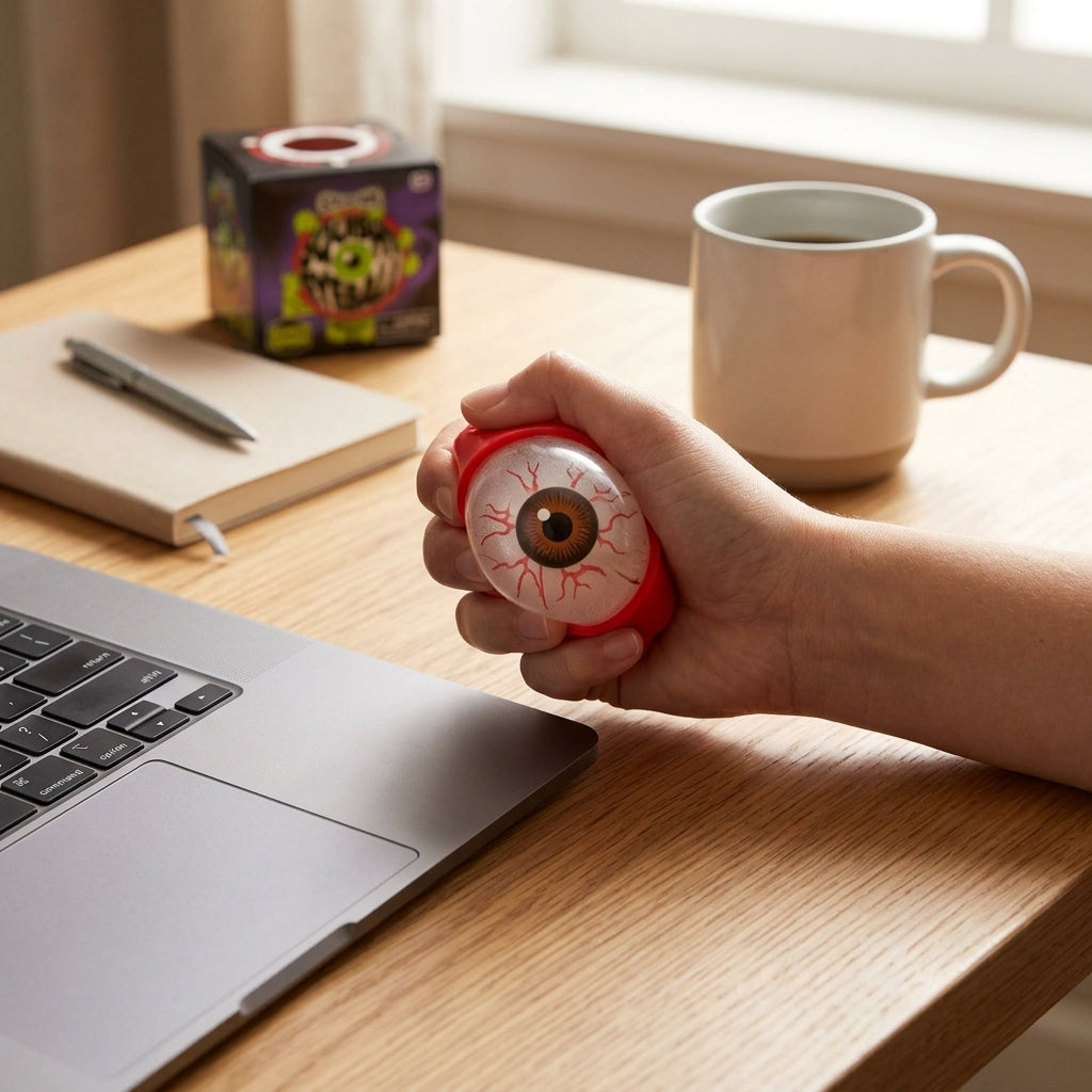Scrunchems squishy eyeball stress relief toy held at desk