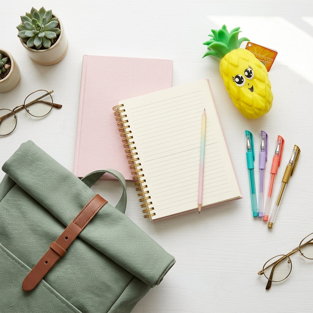 Lifestyle flat lay of Pineapple Squishy with stationery on desk
