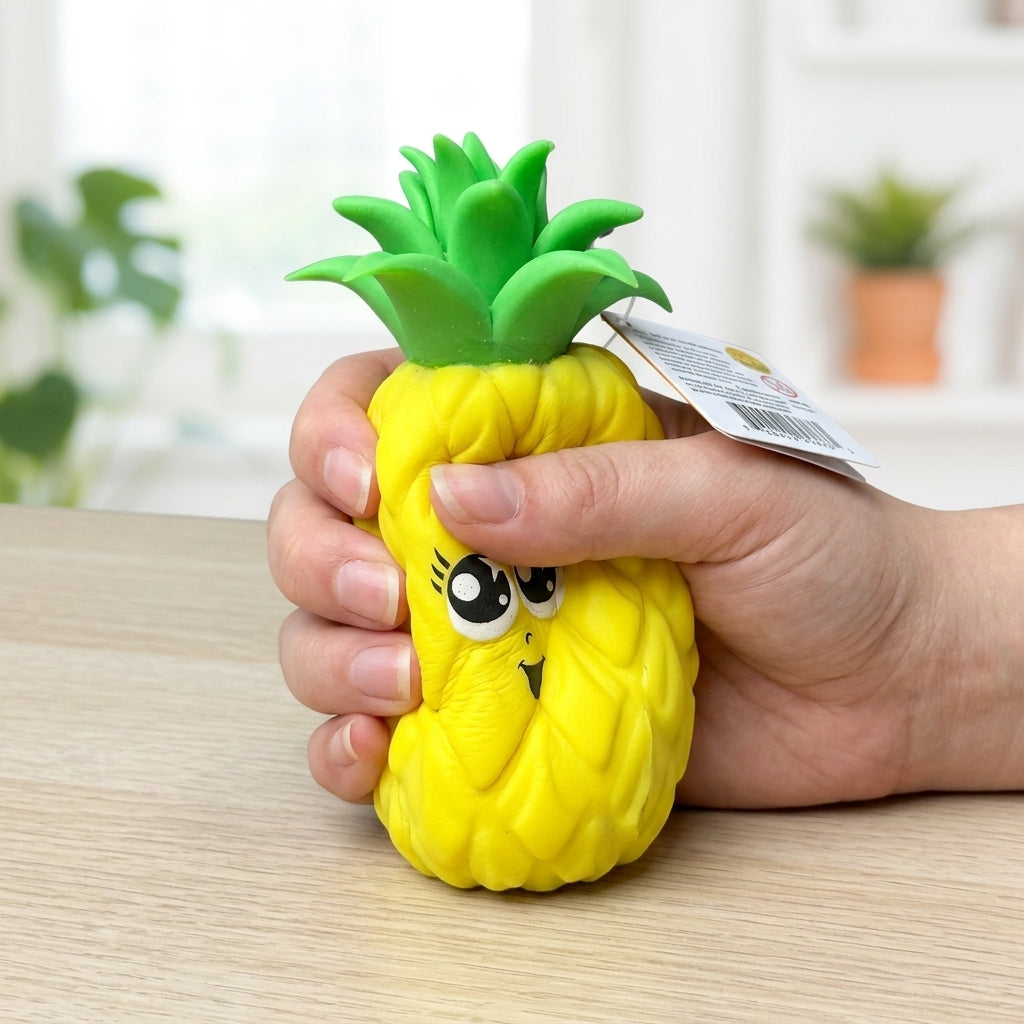Hand squeezing the Crunchy Pineapple Squishy Toy showing flexible texture