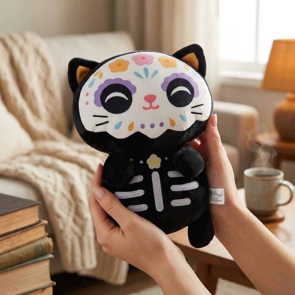 Stuffed Black Cat Sugar Skull Halloween Plush