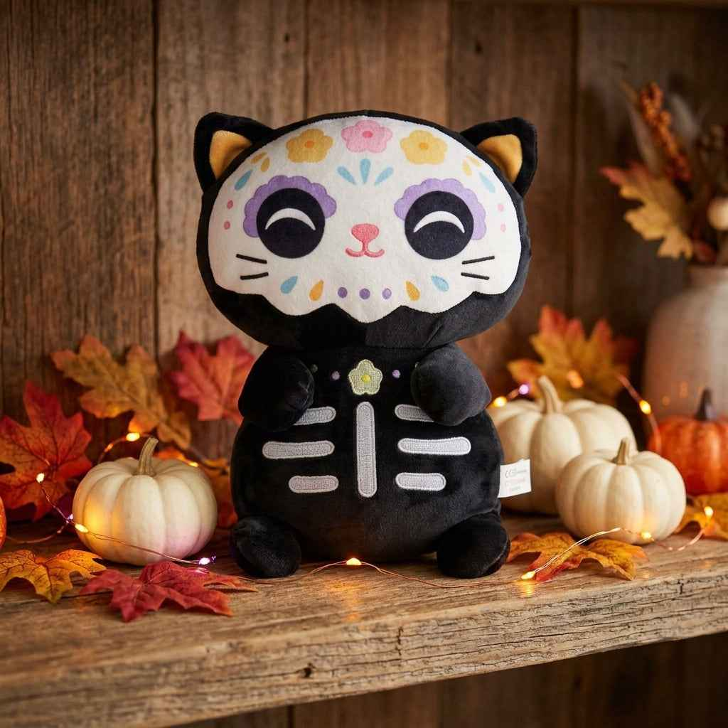 Stuffed Black Cat Sugar Skull Halloween Plush