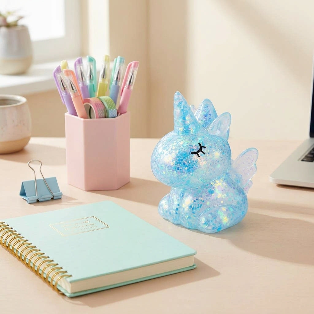 Scrunchems Sugar Unicorns glitter squishy toy on pastel desk setup