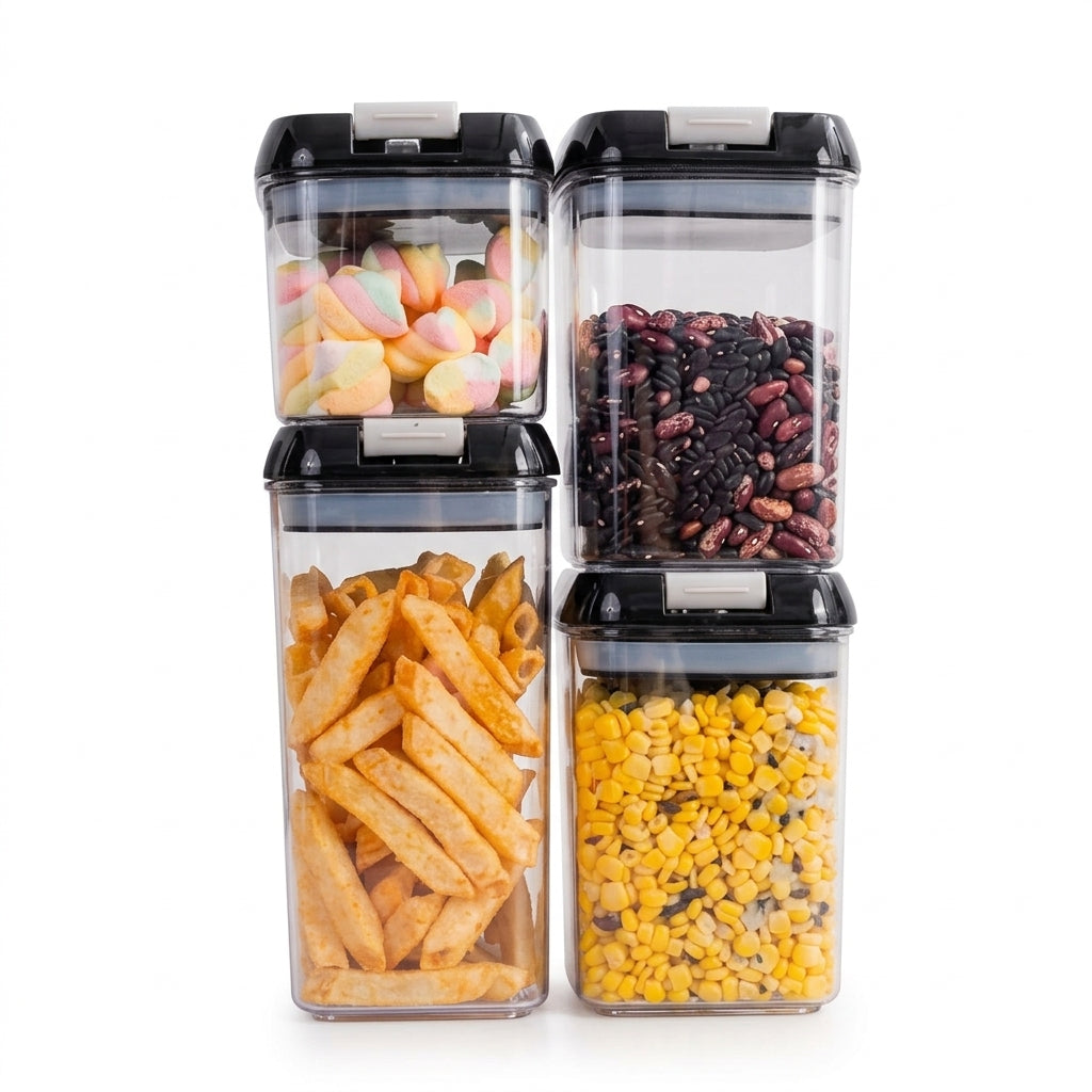 4-piece clear airtight food storage container set with black locking lids on pure white background