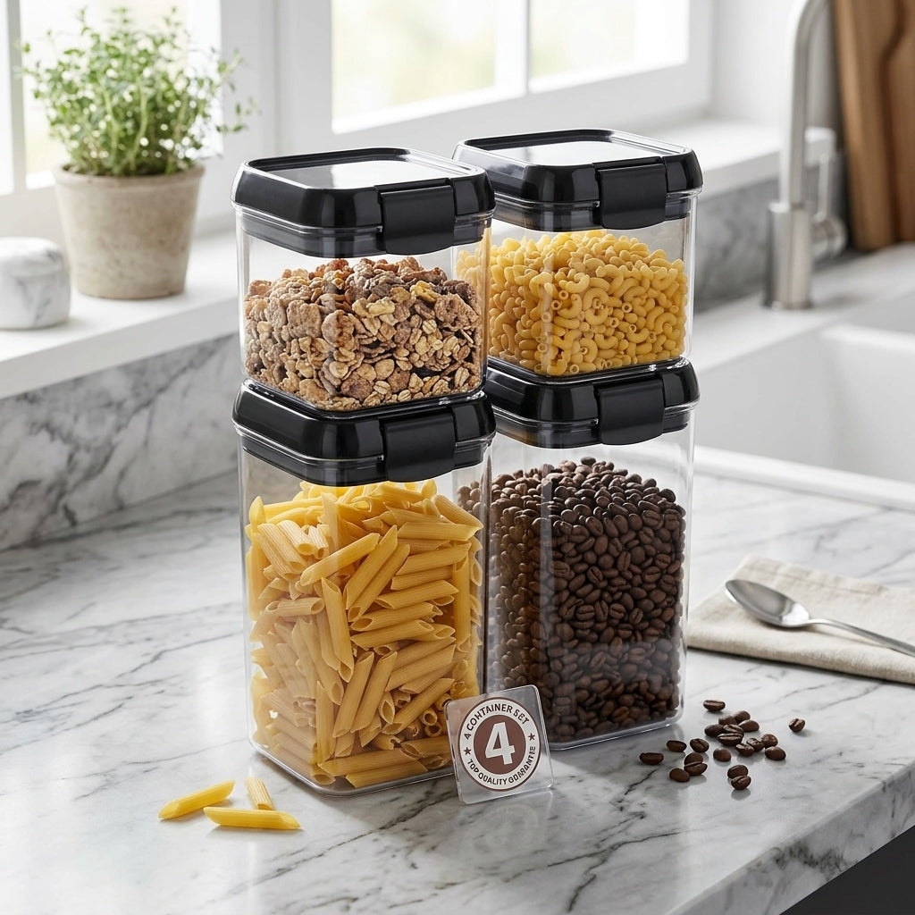 Airtight food storage containers filled with pasta and grains on a modern kitchen counter