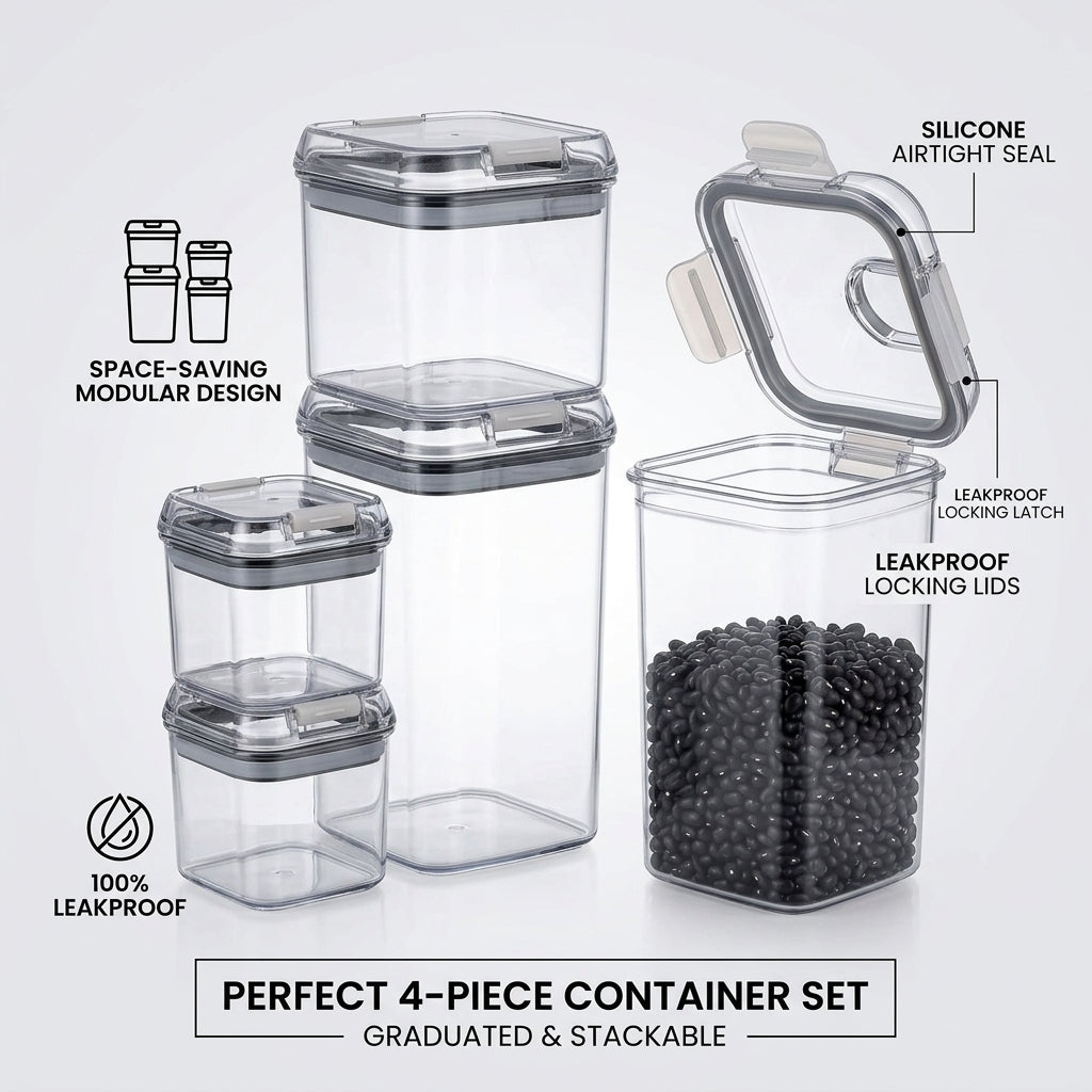Modular 4-piece food storage container set showcasing graduated stackable sizes