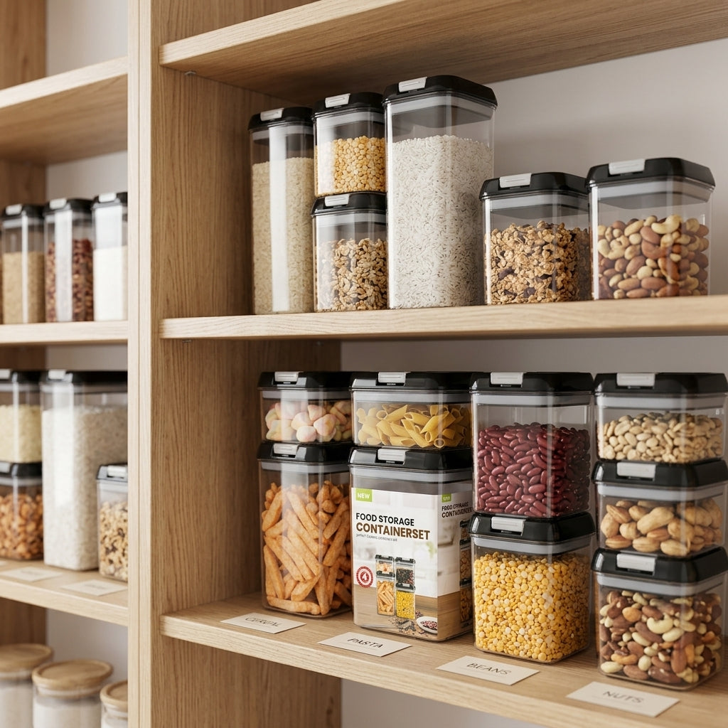 Organized kitchen pantry shelves featuring stackable clear food storage containers
