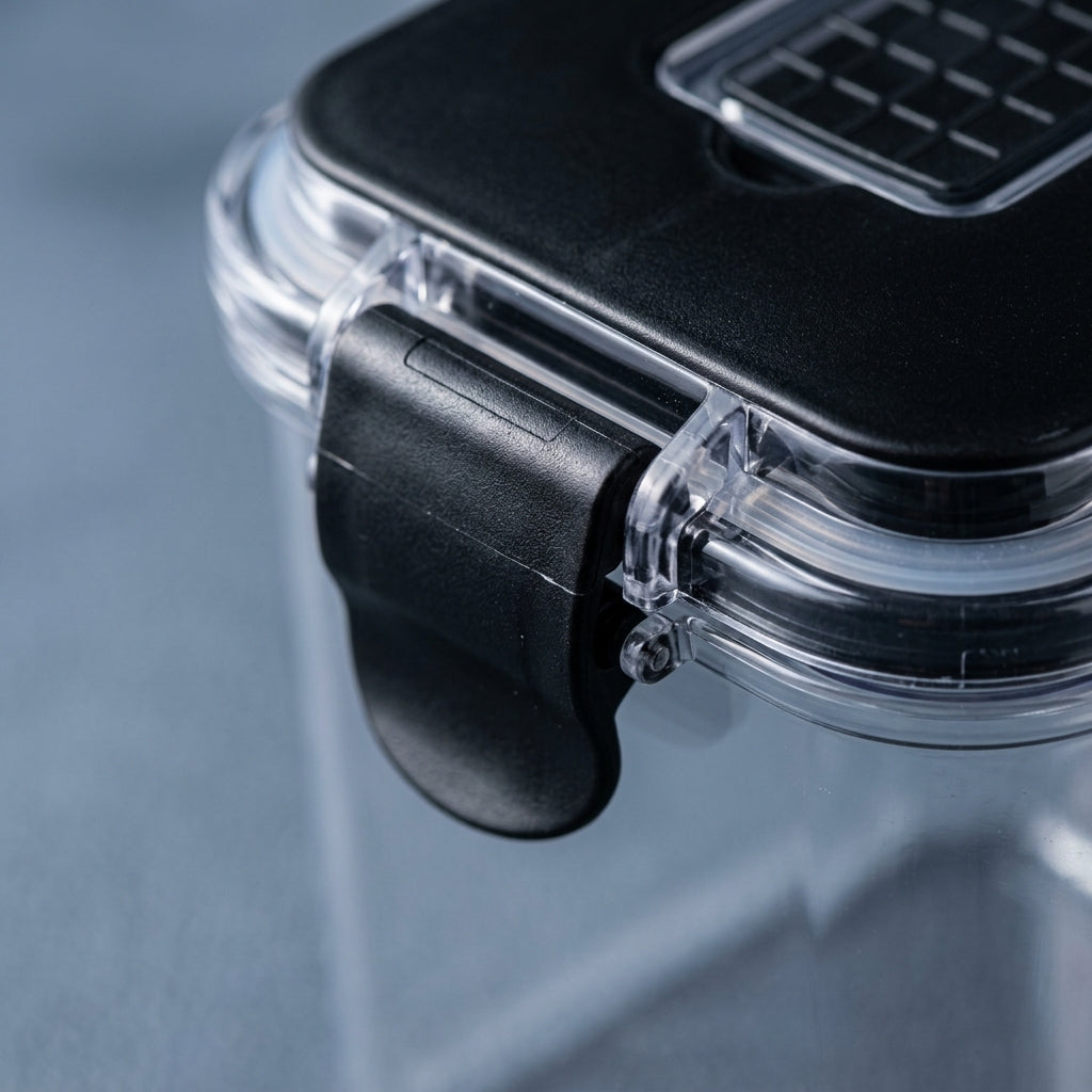 Close-up detail of the black locking hinge clamp and airtight silicone seal