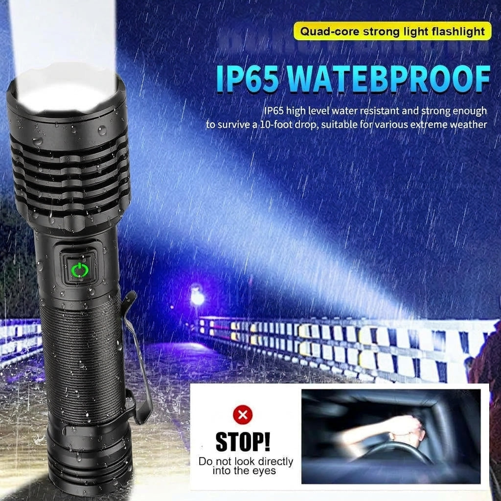 IP65 waterproof quad-core LED torch weather resistance infographic