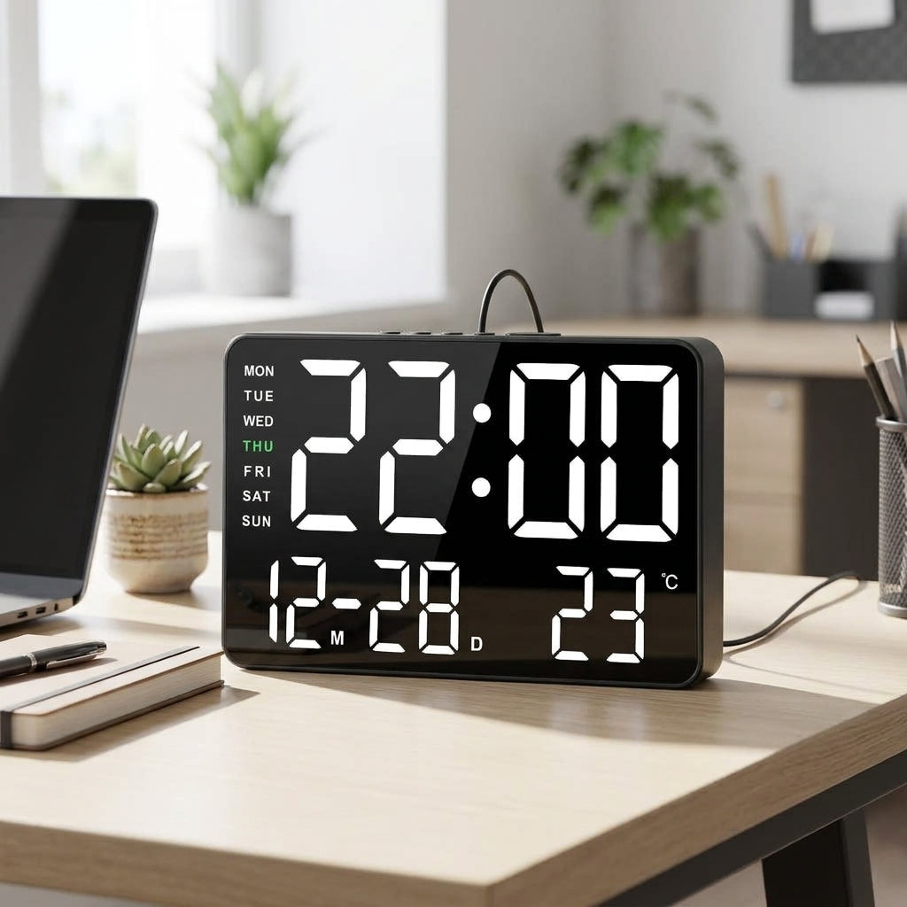 Digital Alarm Clock on a daytime office desk