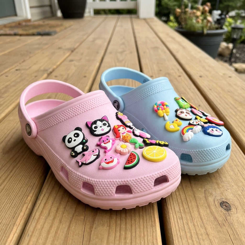 Cartoon Shoe Charms on decorated clogs lifestyle