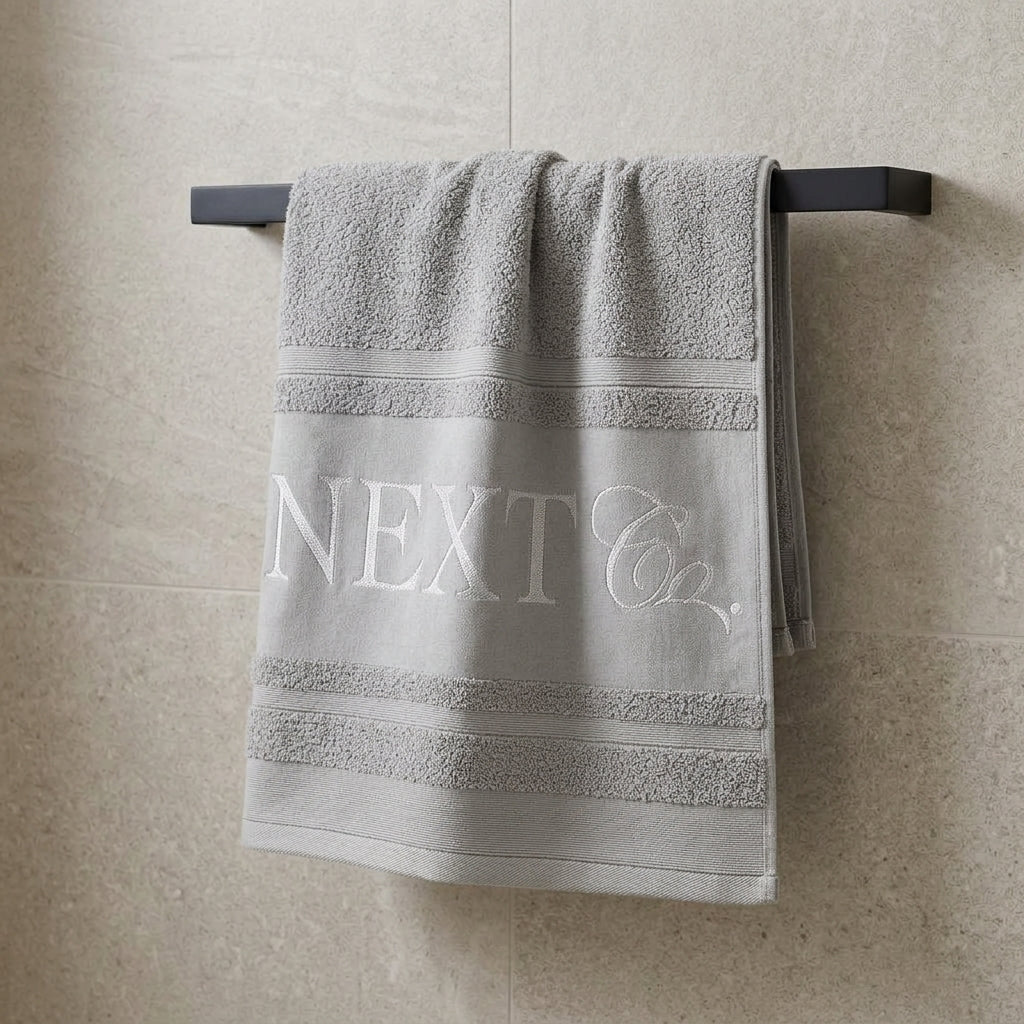 Gray extra large 90 x 150 cm bath sheet hung on a towel rail in a modern bathroom