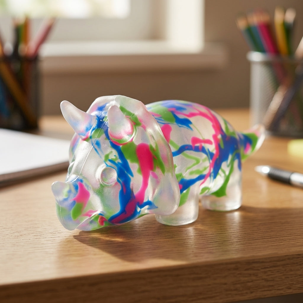 KTL Triceratops graffiti squishy stress toy on a study desk