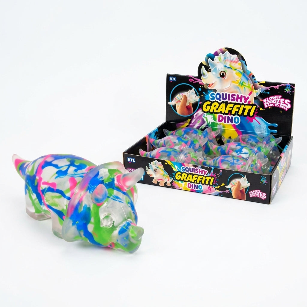 KTL Triceratops graffiti squishy sensory toy with display packaging on white background