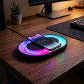 Wireless 15W Fast Charging Pad with active multicolor RGB light effect on desk