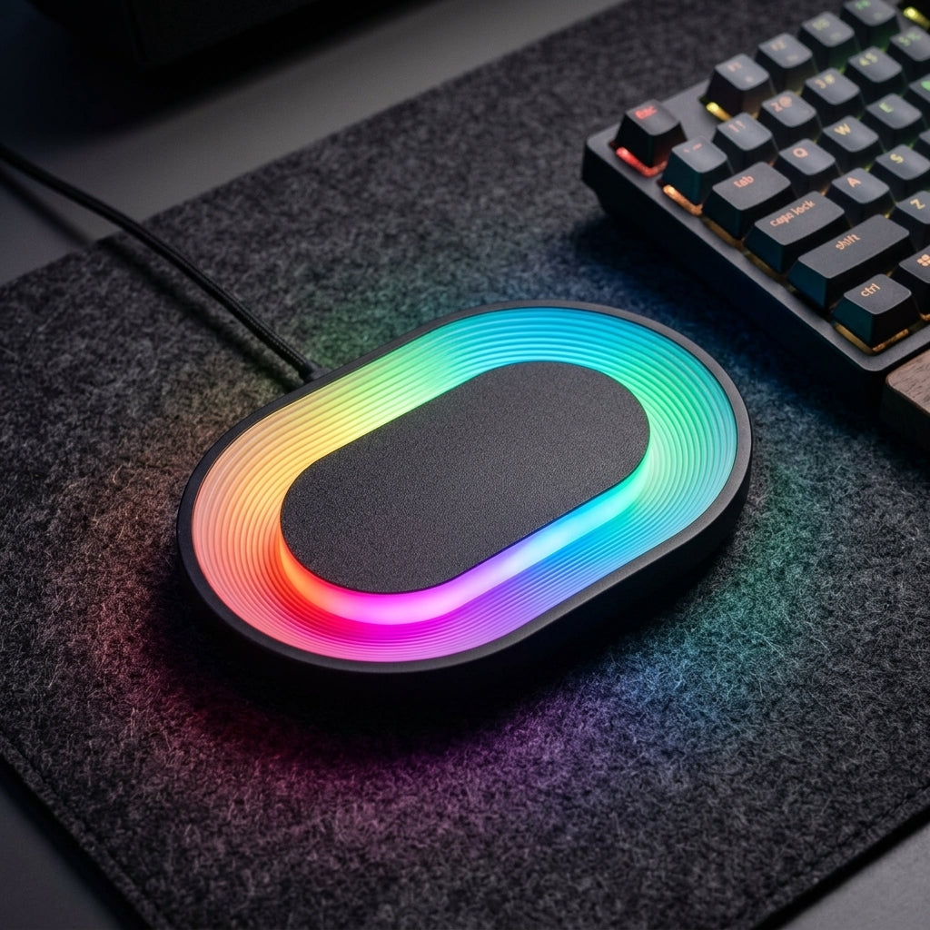 Wireless 15W Fast Charging Pad glowing RGB mood light on gaming setup