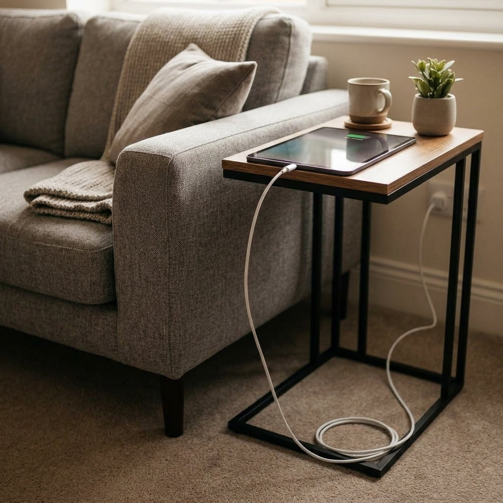 White USB-C charging cable extended beside sofa in living room setup