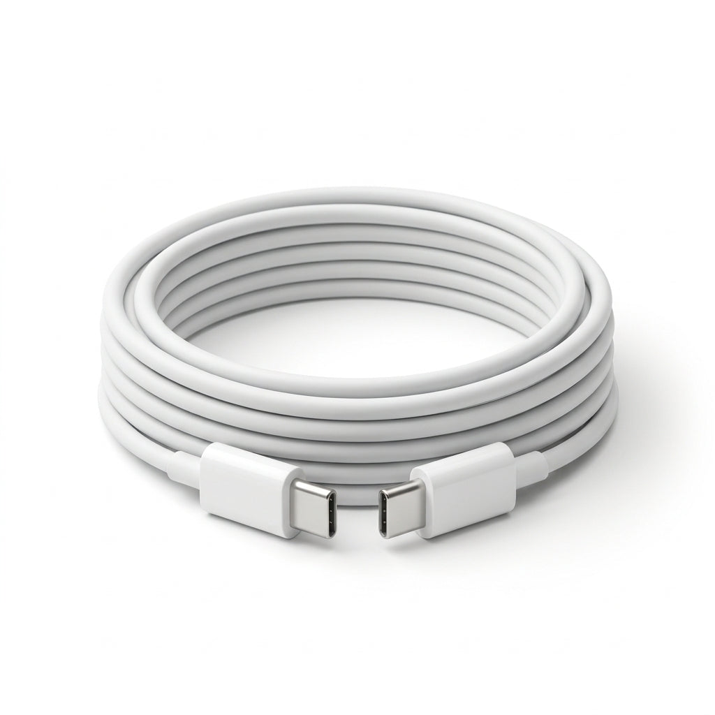 Studio shot of white 240W USB-C to USB-C charging cable coiled on pure white background