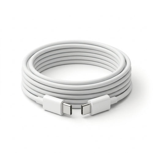 Studio shot of white 240W USB-C to USB-C charging cable coiled on pure white background