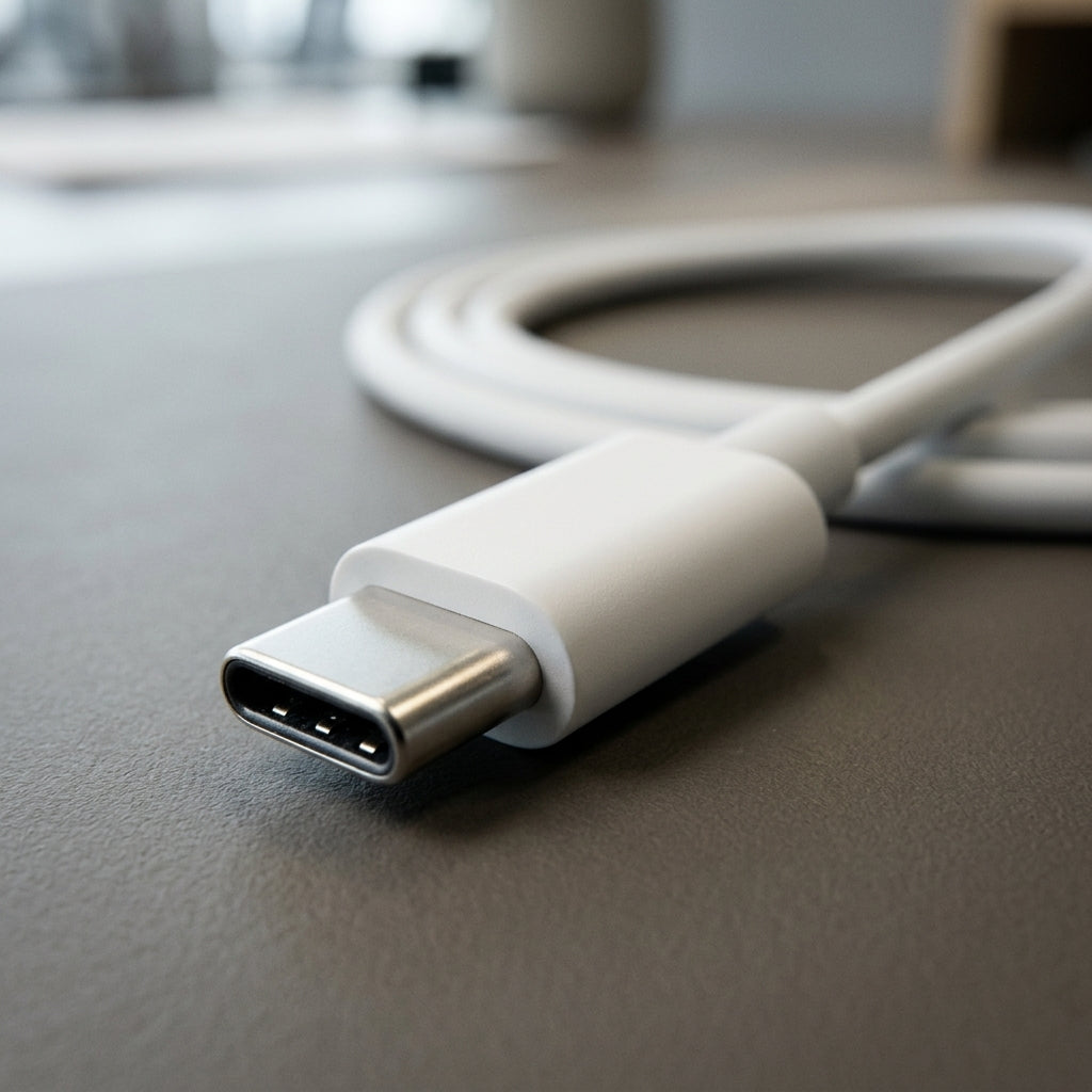 Close-up detail of reinforced white USB-C connector tip and strain relief