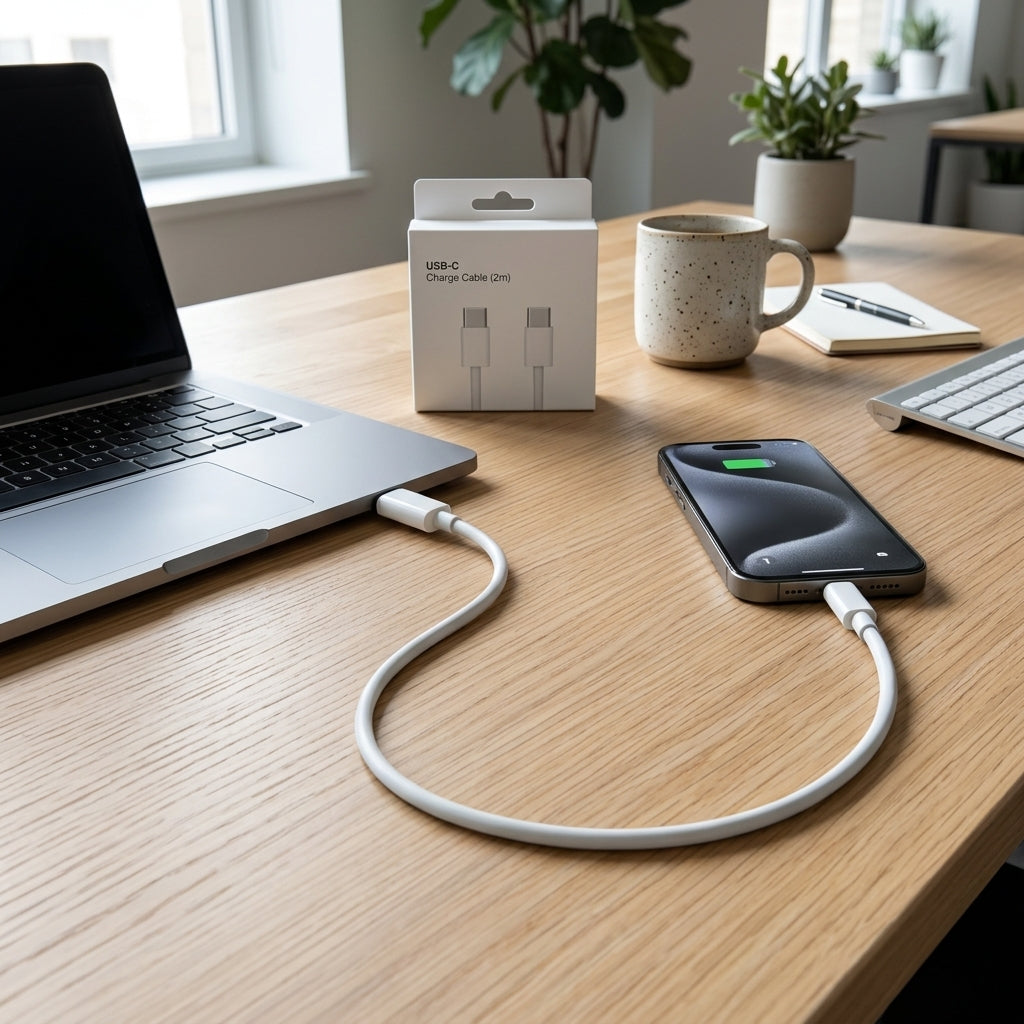 White USB-C cable charging laptop and phone on modern wooden office desk