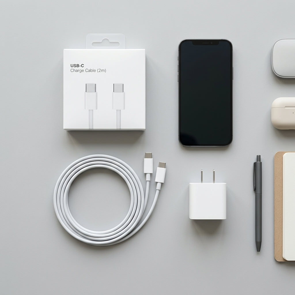 Flat lay arrangement of white USB-C charging cable with modern tech accessories