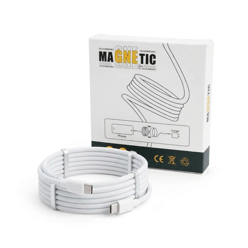 White magnetic self-coiling USB-C to USB-C charging cable on pure white background