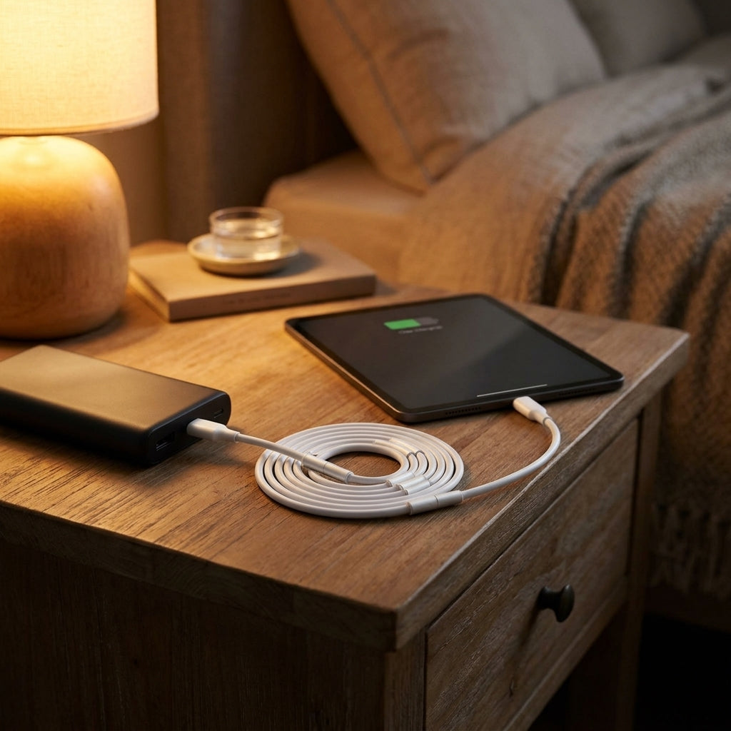Magnetic USB-C cable charging device on bedside table without cable clutter