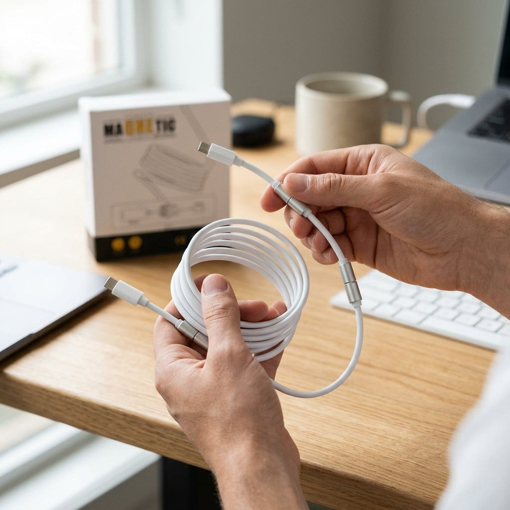 Hand demonstrating effortless magnetic cable coiling and tangle-free snap