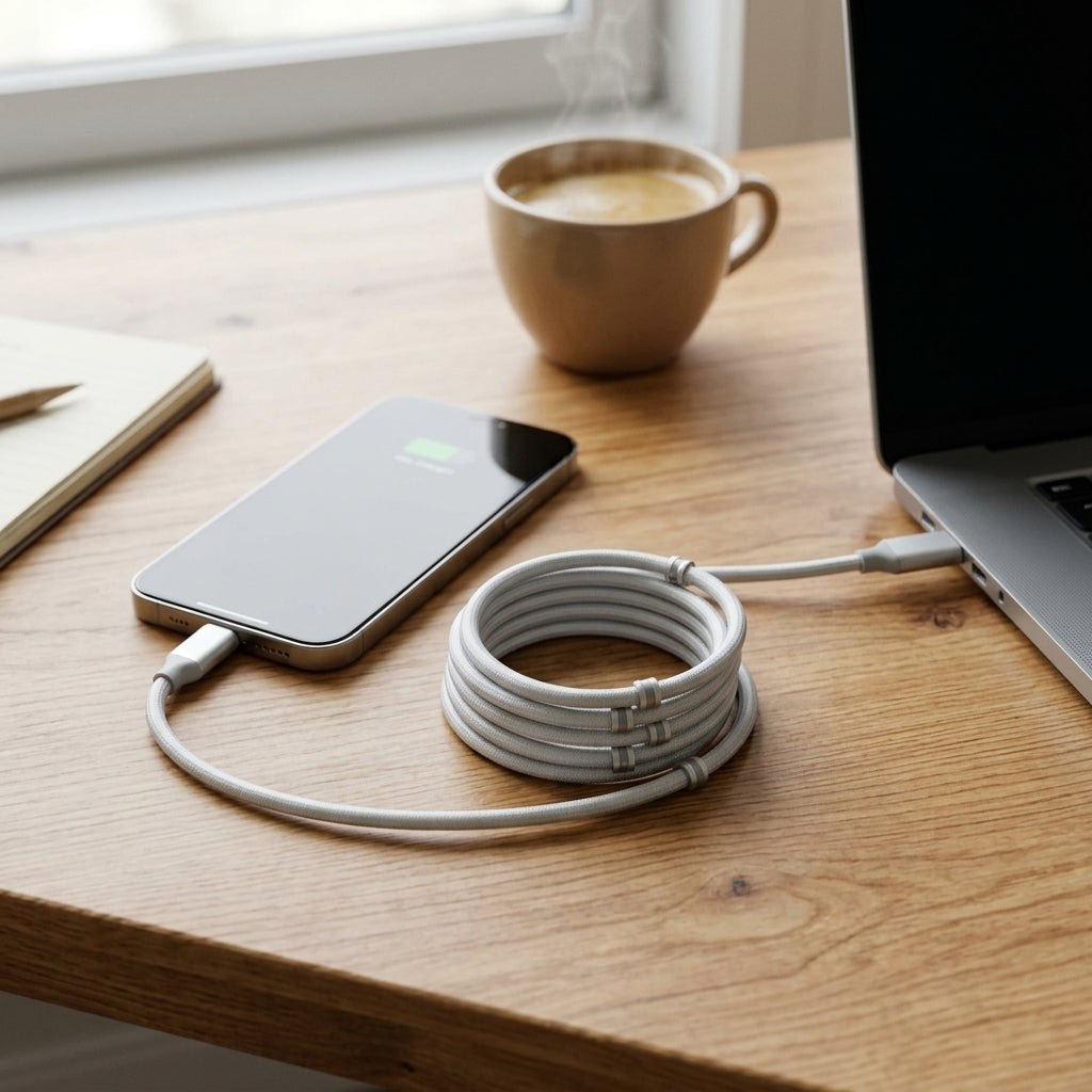 Magnetic USB-C fast charging cable in use on clean minimalist wooden desk