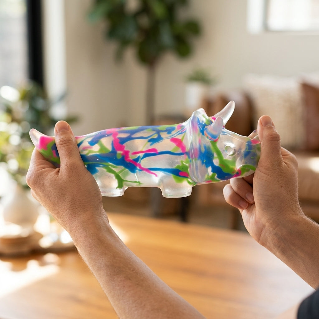 Hands stretching the flexible graffiti triceratops squishy stress toy