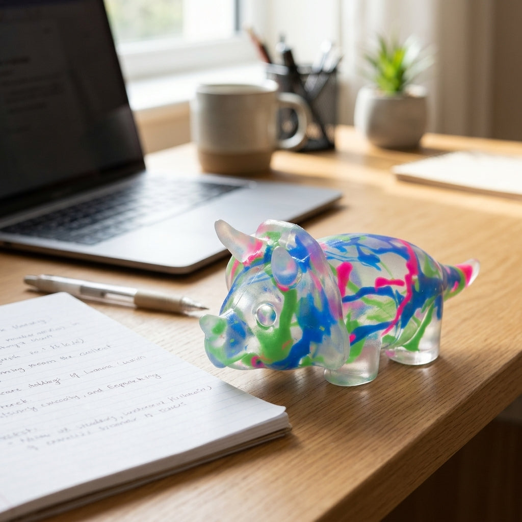 Graffiti triceratops fidget toy next to notebook and laptop on study desk