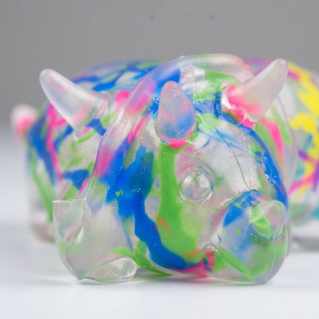 Macro close-up of translucent silicone graffiti triceratops squishy toy