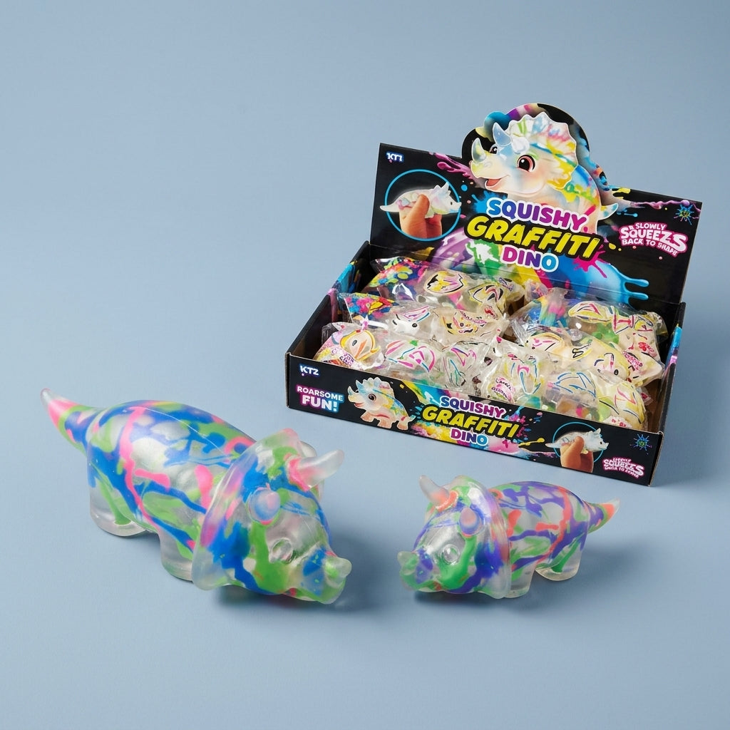 Graffiti triceratops squishy toy flat lay with retail display box
