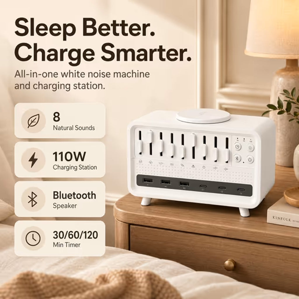 White Noise Machine and USB-C Fast Charger on bedside table