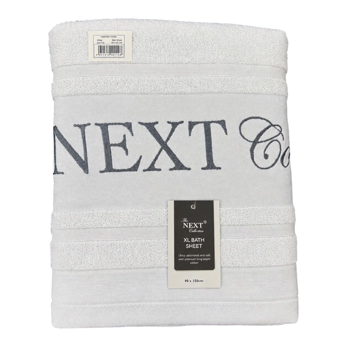 A folded white bath sheet with 'NEXT Co' printed in dark gray across the front, featuring horizontal textured bands and a product tag reading 'NEXT XL BATH SHEET'.
