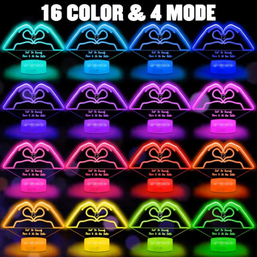 A grid of 16 LED heart-shaped neon sign panels showing different illuminated colors and modes on a black background, with large text at the top reading '16 COLOR & 4 MODE'.